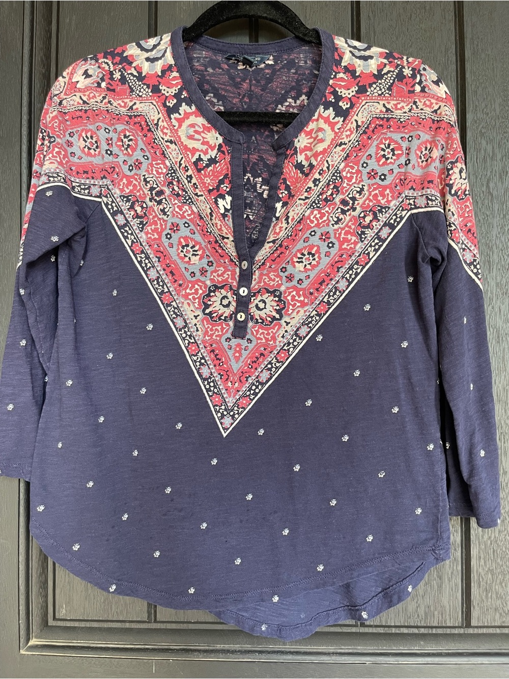 Lucky Brand Boho Print Henley Top Navy Pink Size Medium